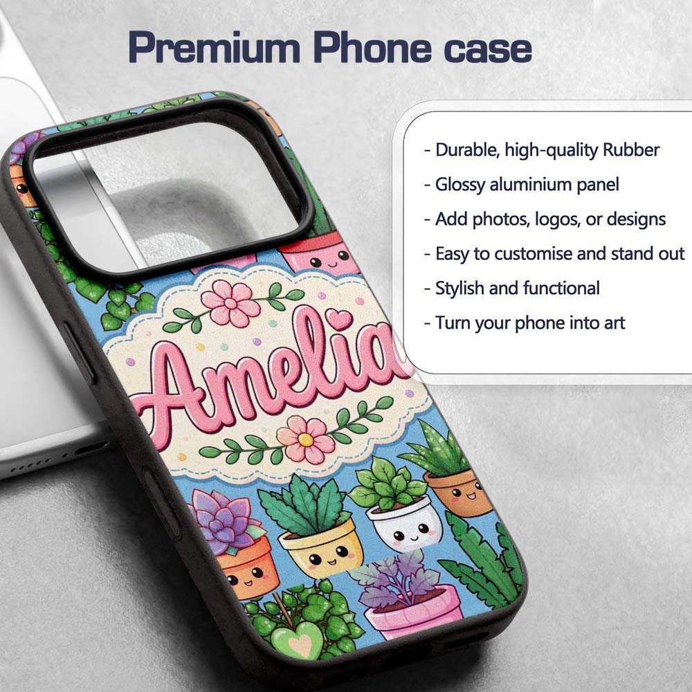 Cute Kawaii Indoor House Plants Blue Background Custom Name Protective Phone Case Mobile Cover Durable Everyday Smartphone Shock Resistant
