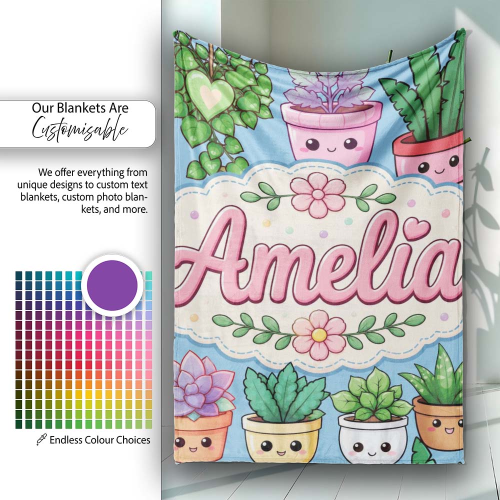 Cute Kawaii Indoor House Plants Blue Background Seamless Pattern Personalised Custom Name Super Soft Fleece Blanket Bed Sofa Throw