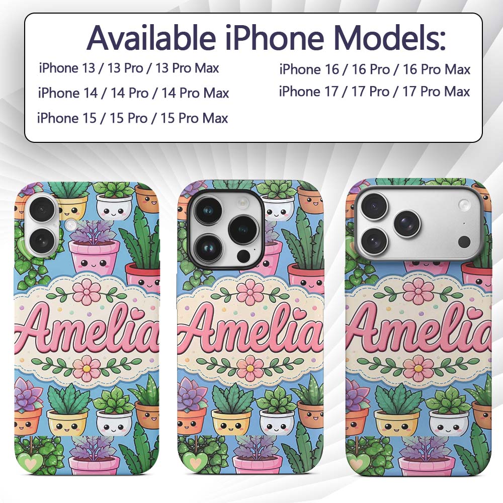 Cute Kawaii Indoor House Plants Blue Background Custom Name Protective Phone Case Mobile Cover Durable Everyday Smartphone Shock Resistant