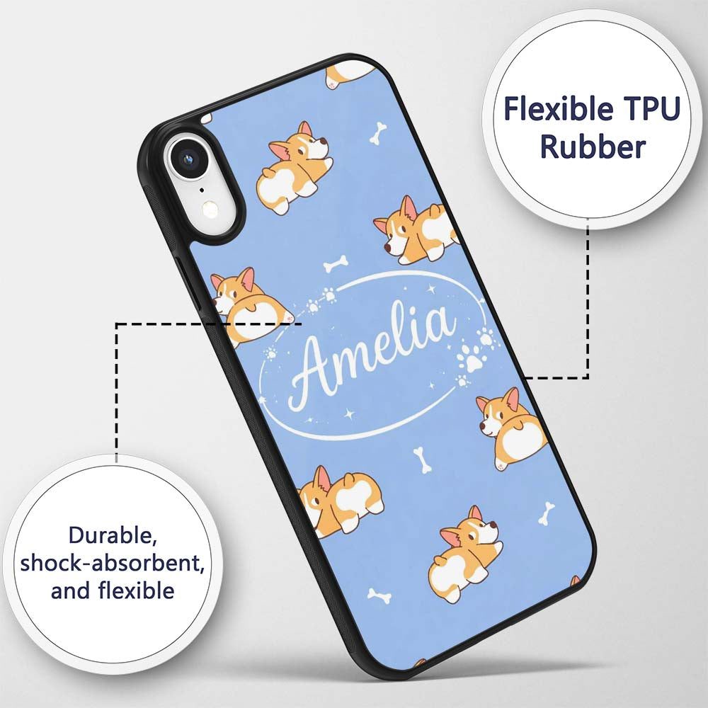 Cute Cartoon Corgi Dogs Bone Blue Background Custom Name Protective Phone Case Mobile Cover Durable Everyday Smartphone Shock Resistant