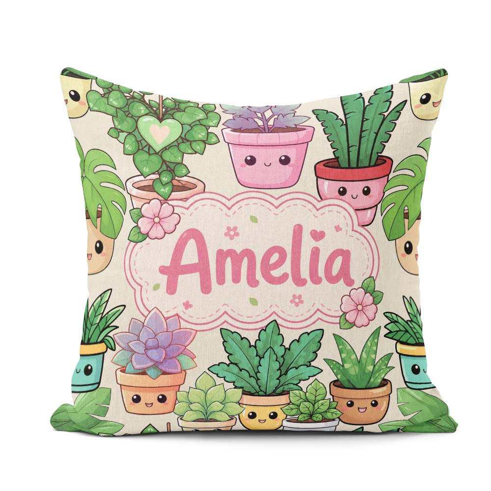 Custom Name Kawaii Indoor House Plants Cream Background Seamless Square Filled Cushion Throw Pillow Sofa Bed Home Decor Zip Washable UK Made