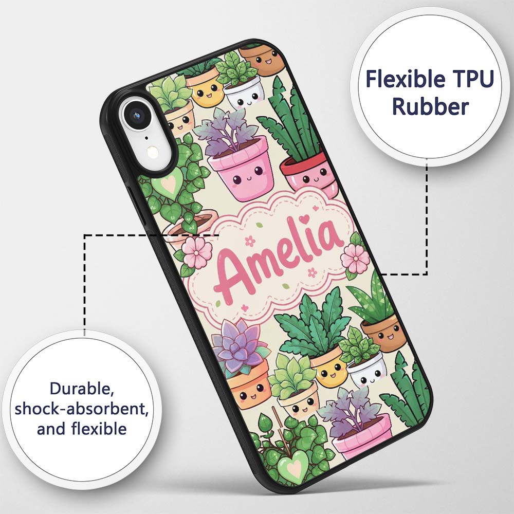 Cute Kawaii Indoor House Plants Cream Background Custom Name Protective Phone Case Mobile Cover Durable Everyday Smartphone Shock Resistant