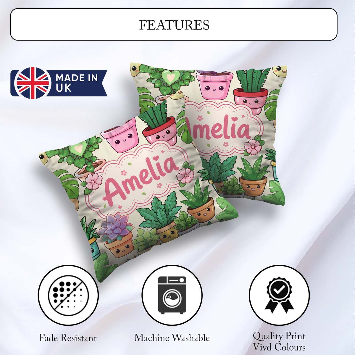 Custom Name Kawaii Indoor House Plants Cream Background Seamless Square Filled Cushion Throw Pillow Sofa Bed Home Decor Zip Washable UK Made