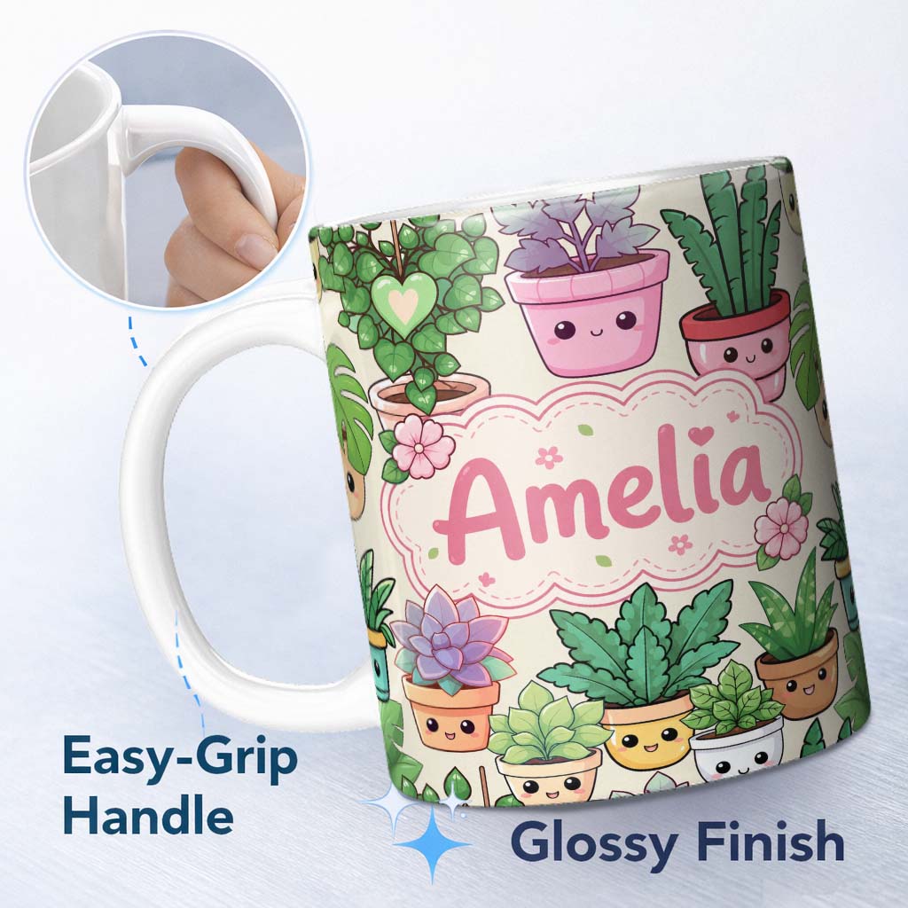 Personalized Custom Name Cute Kawaii Indoor House Plants Cream Background Seamless Pattern 11oz Ceramic Coffee Tea Mug White Large Handle