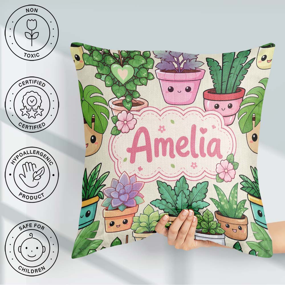 Custom Name Kawaii Indoor House Plants Cream Background Seamless Square Filled Cushion Throw Pillow Sofa Bed Home Decor Zip Washable UK Made