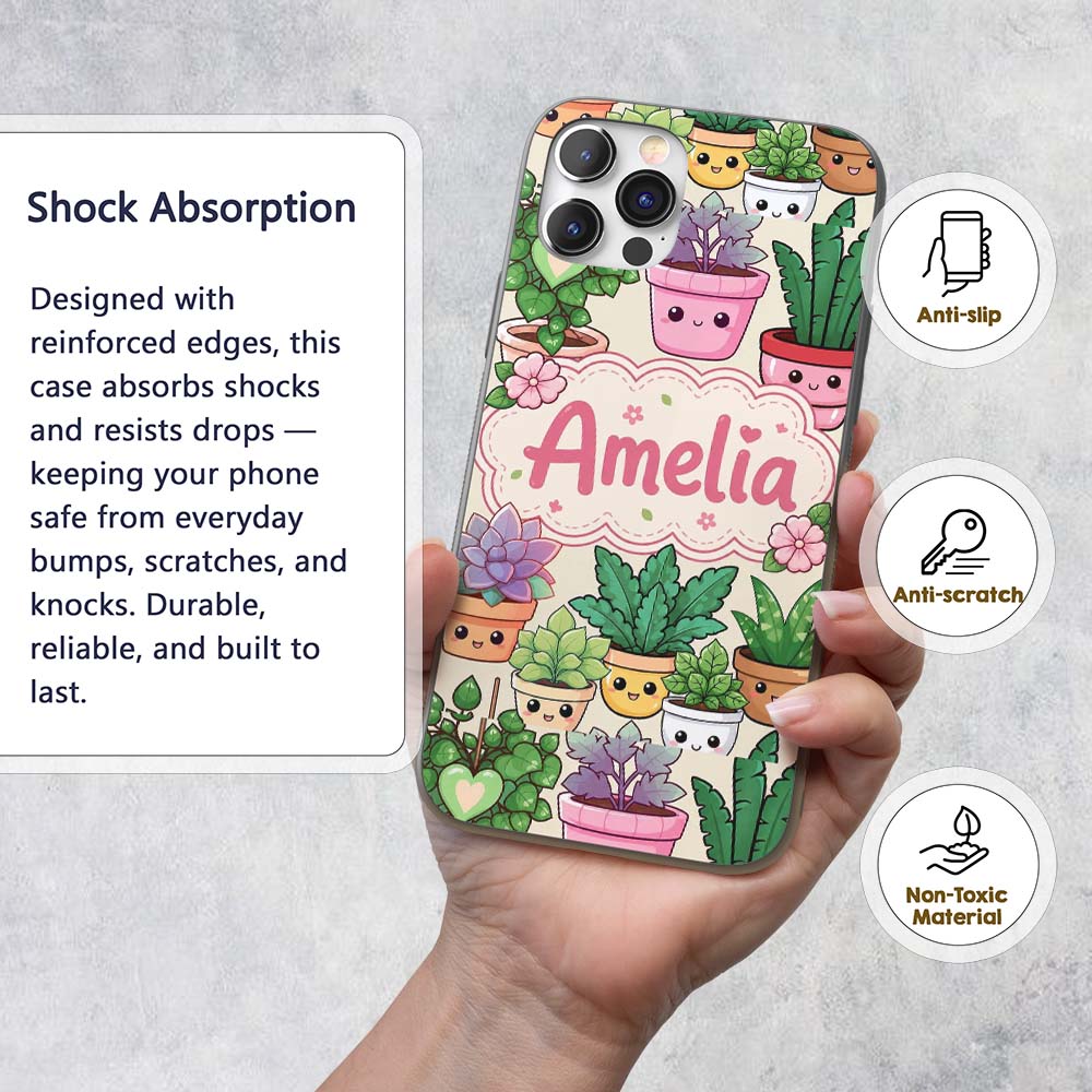 Cute Kawaii Indoor House Plants Cream Background Custom Name Protective Phone Case Mobile Cover Durable Everyday Smartphone Shock Resistant