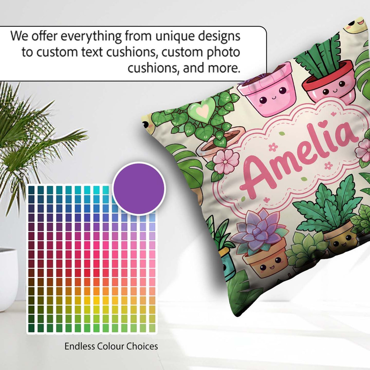 Custom Name Kawaii Indoor House Plants Cream Background Seamless Square Filled Cushion Throw Pillow Sofa Bed Home Decor Zip Washable UK Made