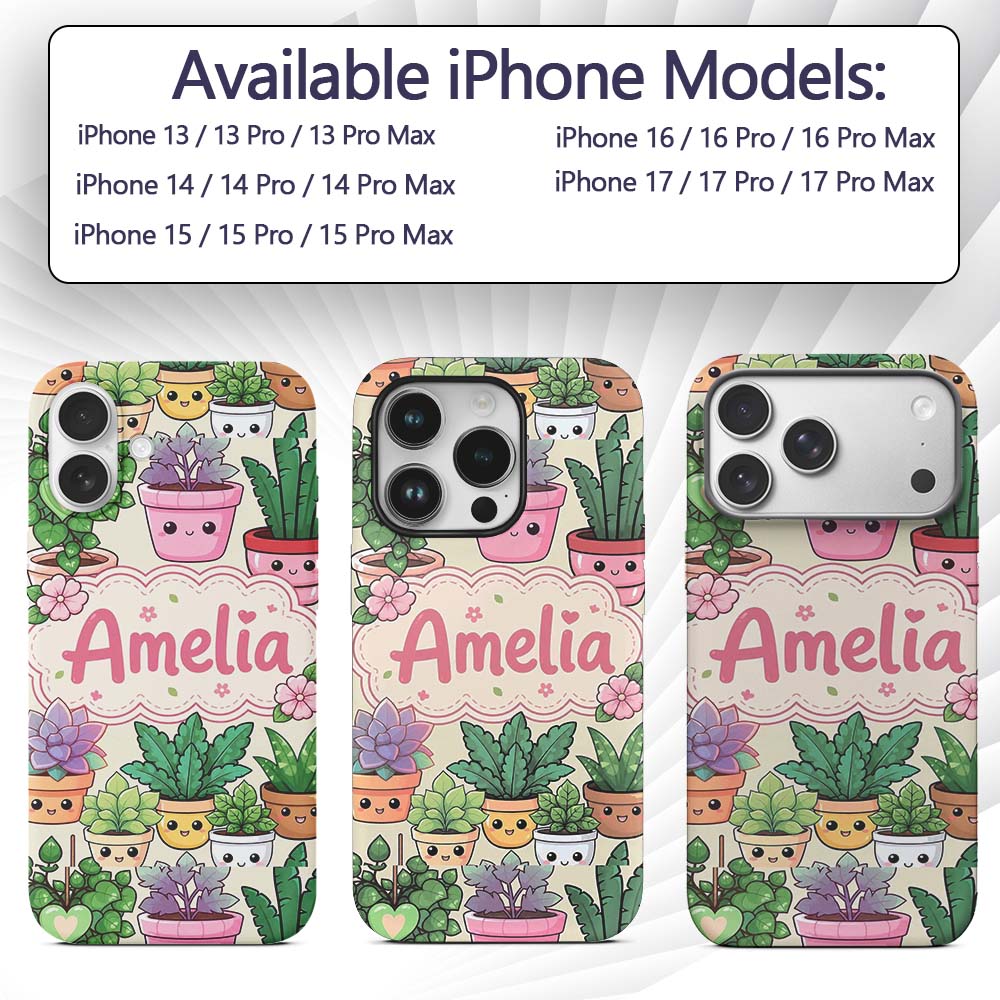 Cute Kawaii Indoor House Plants Cream Background Custom Name Protective Phone Case Mobile Cover Durable Everyday Smartphone Shock Resistant