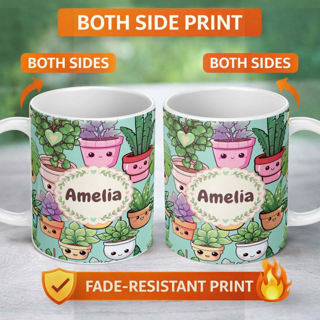 Personalized Custom Name Cute Kawaii Indoor House Plants Mint Background Seamless Pattern 11oz Ceramic Coffee Tea Mug White Large Handle