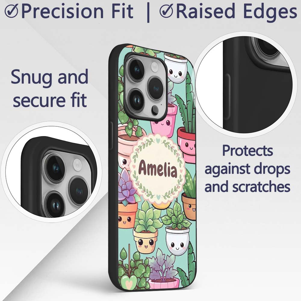 Cute Kawaii Indoor House Plants Mint Background Custom Name Protective Phone Case Mobile Cover Durable Everyday Smartphone Shock Resistant