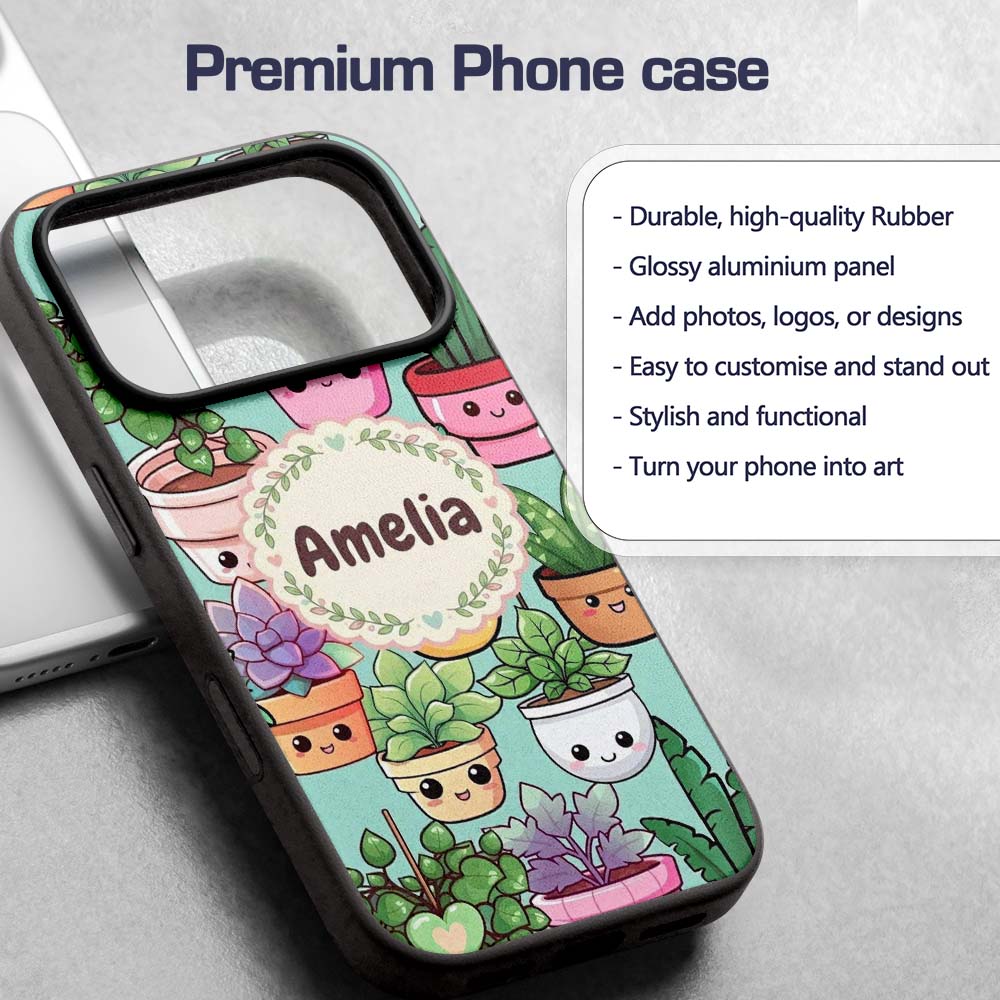 Cute Kawaii Indoor House Plants Mint Background Custom Name Protective Phone Case Mobile Cover Durable Everyday Smartphone Shock Resistant