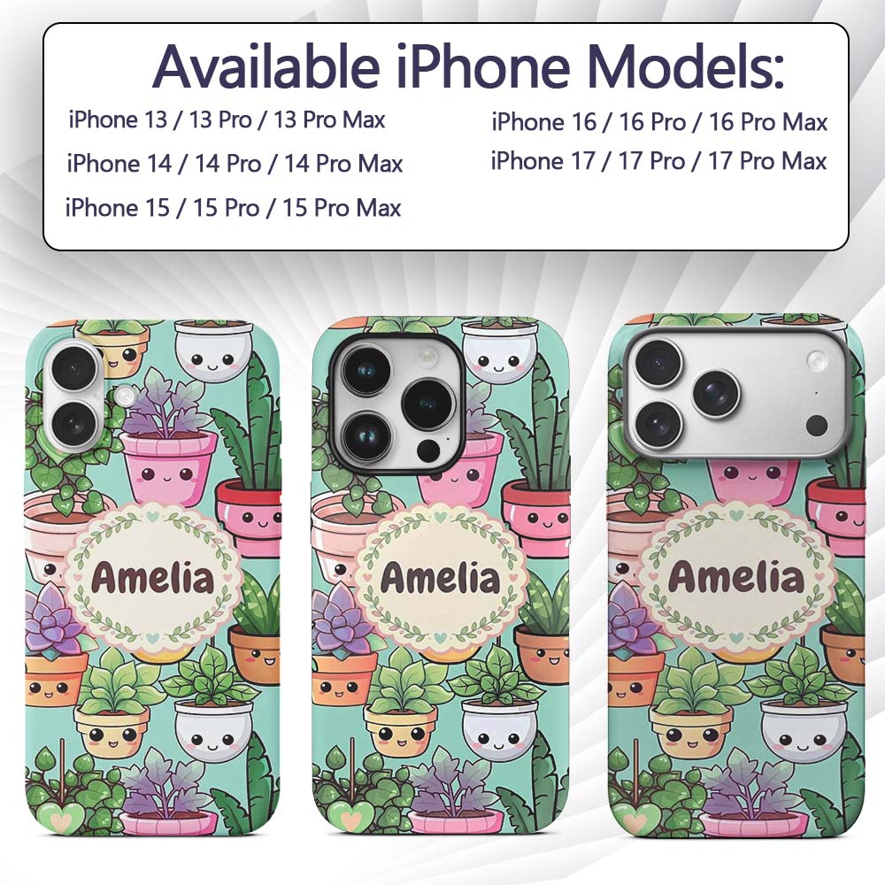 Cute Kawaii Indoor House Plants Mint Background Custom Name Protective Phone Case Mobile Cover Durable Everyday Smartphone Shock Resistant