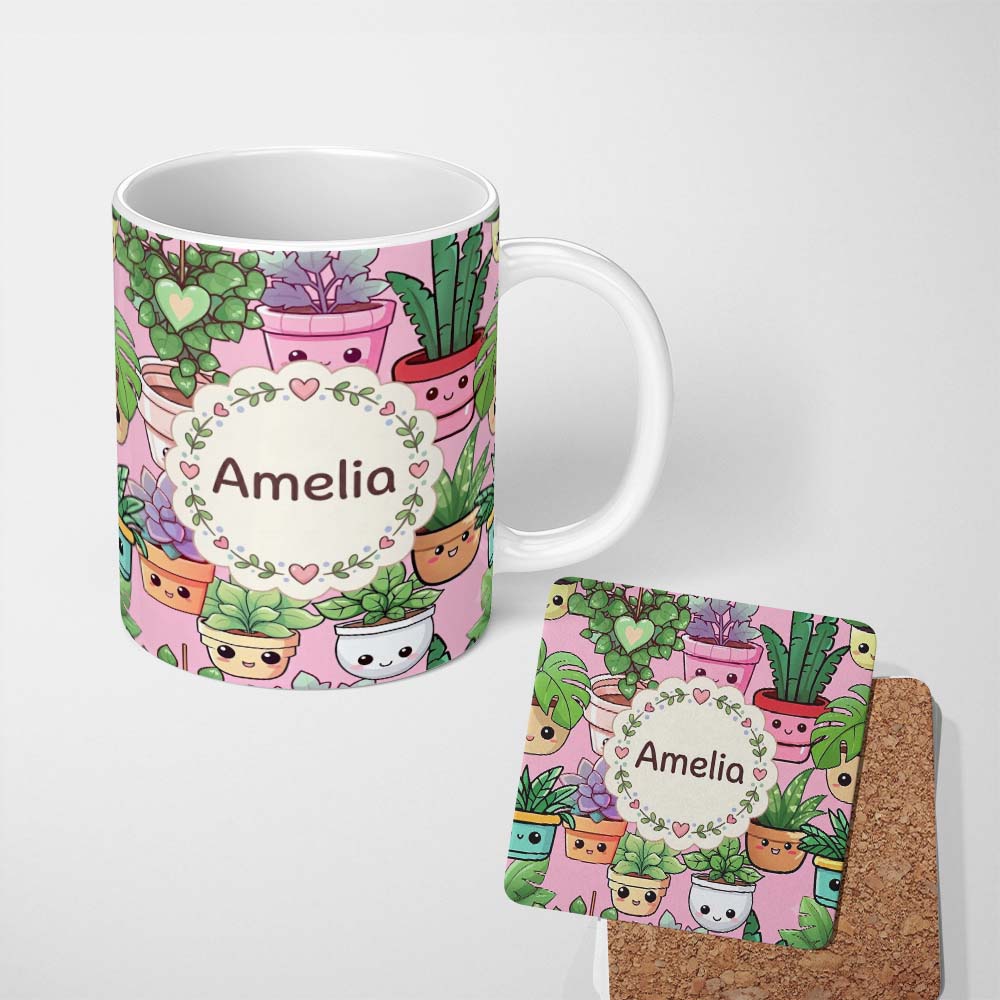 Personalized Custom Name Cute Kawaii Indoor House Plants Pink Background Seamless Pattern 11oz Ceramic Coffee Tea Mug White Large Handle