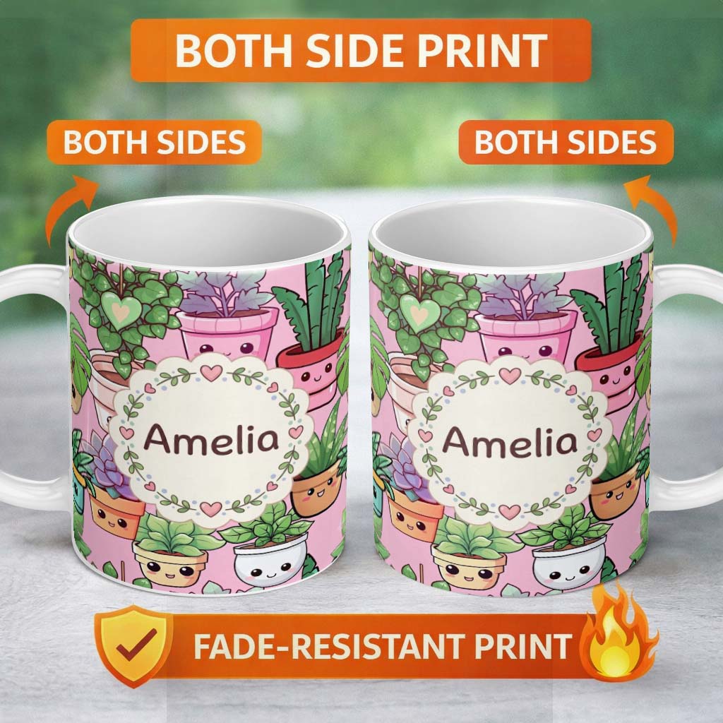 Personalized Custom Name Cute Kawaii Indoor House Plants Pink Background Seamless Pattern 11oz Ceramic Coffee Tea Mug White Large Handle