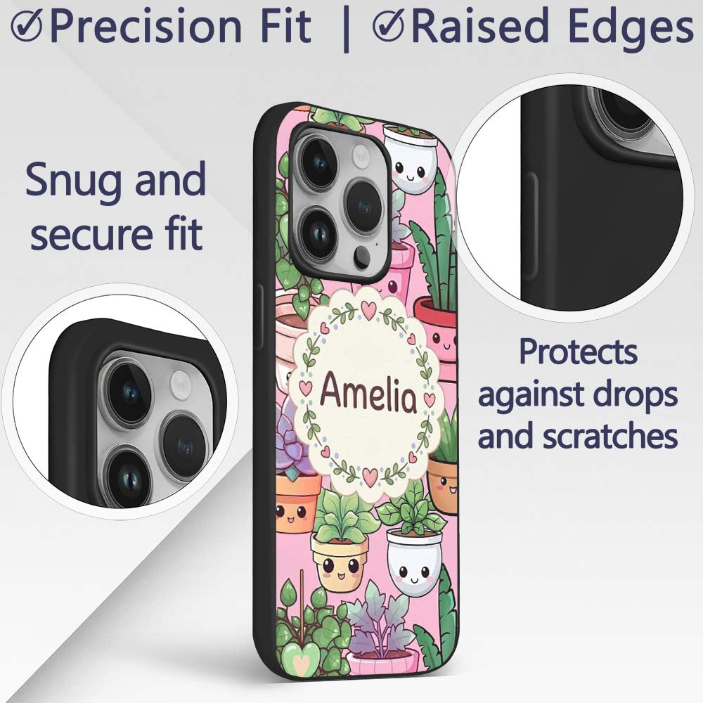 Cute Kawaii Indoor House Plants Pink Background Custom Name Protective Phone Case Mobile Cover Durable Everyday Smartphone Shock Resistant