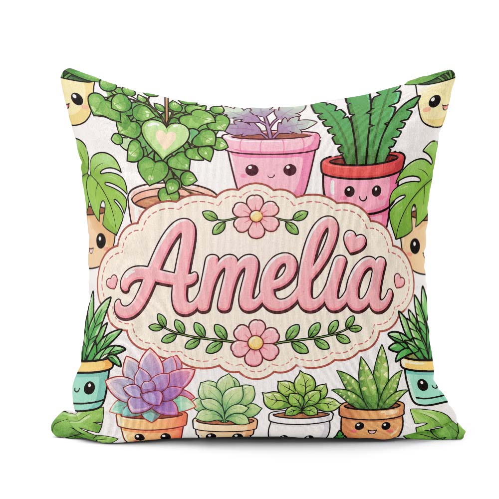 Custom Name Kawaii Indoor House Plants White Background Seamless Square Filled Cushion Throw Pillow Sofa Bed Home Decor Zip Washable UK Made