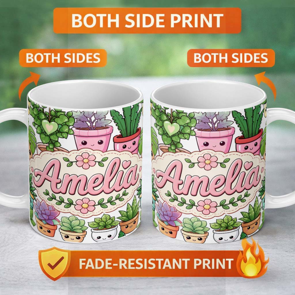 Personalized Custom Name Cute Kawaii Indoor House Plants White Background Seamless Pattern 11oz Ceramic Coffee Tea Mug White Large Handle