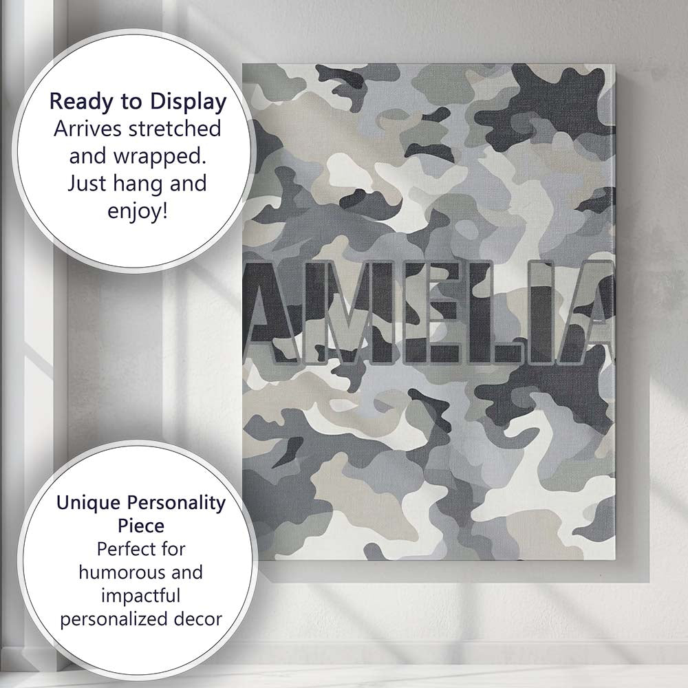 Personalised Name Grey Neutral Camouflage Contemporary Seamless Custom Statement Canvas Wall Art Print Decor Picture Ready to Hang