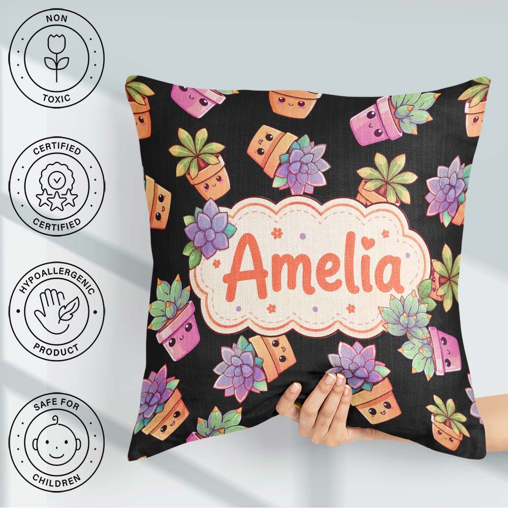 Custom Name Kawaii Succulent Plant Pots Black Background Pattern Square Filled Cushion Throw Pillow Sofa Bed Home Decor Zip Washable UK Made