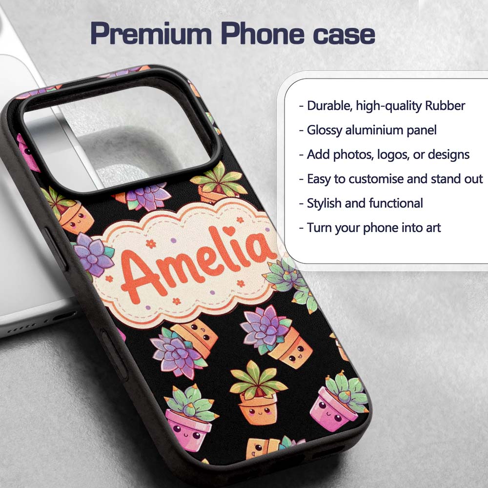 Cute Kawaii Succulent Plant Pots Black Background Custom Name Protective Phone Case Mobile Cover Durable Everyday Smartphone Shock Resistant