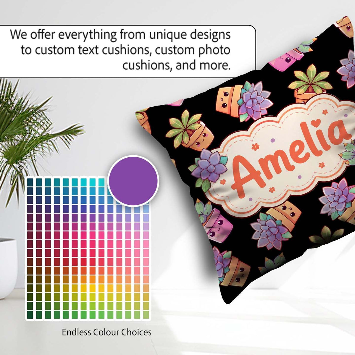 Custom Name Kawaii Succulent Plant Pots Black Background Pattern Square Filled Cushion Throw Pillow Sofa Bed Home Decor Zip Washable UK Made