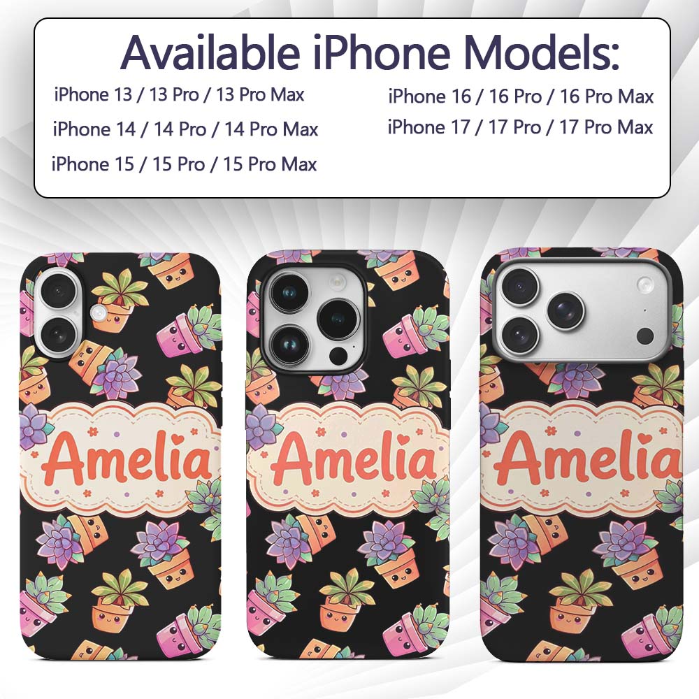 Cute Kawaii Succulent Plant Pots Black Background Custom Name Protective Phone Case Mobile Cover Durable Everyday Smartphone Shock Resistant