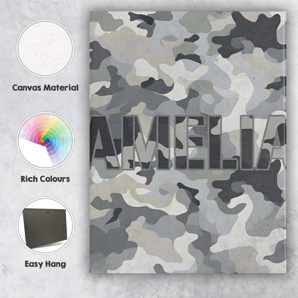 Personalised Name Grey Neutral Camouflage Contemporary Seamless Custom Statement Canvas Wall Art Print Decor Picture Ready to Hang