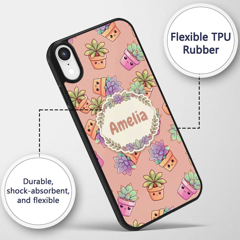 Cute Kawaii Succulent Plant Pots Beige Background Custom Name Protective Phone Case Mobile Cover Durable Everyday Smartphone Shock Resistant