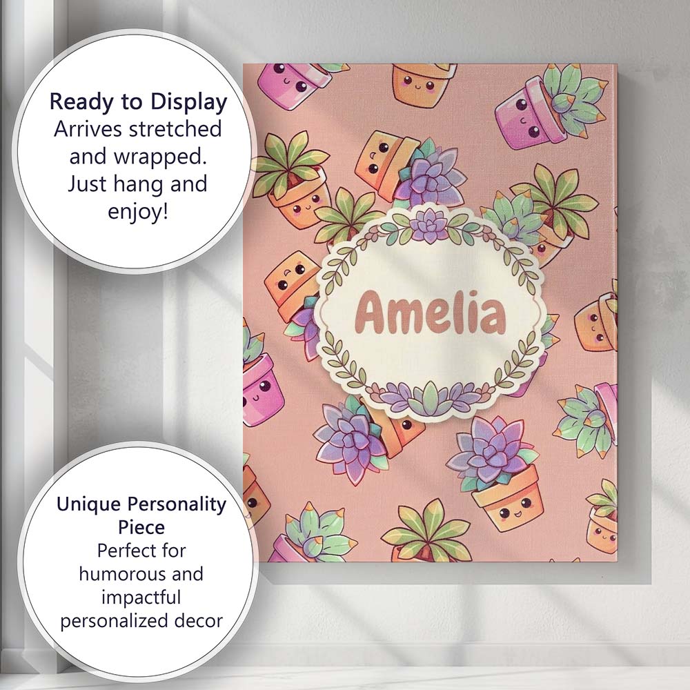 Personalised Name Cute Kawaii Succulent Custom Modern Room Accent Elegant Feature Canvas Wall Art Print Decor Picture Ready to Hang