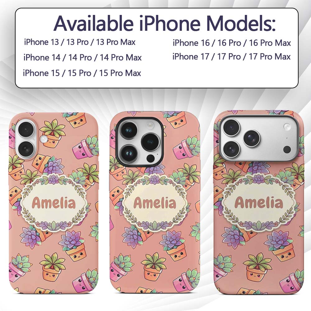 Cute Kawaii Succulent Plant Pots Beige Background Custom Name Protective Phone Case Mobile Cover Durable Everyday Smartphone Shock Resistant