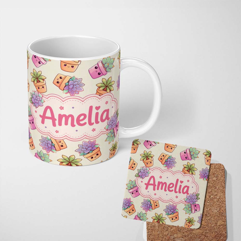 Personalized Custom Name Cute Kawaii Succulent Plant Pots Light Grey Background Seamless 11oz Ceramic Coffee Tea Mug White Large Handle