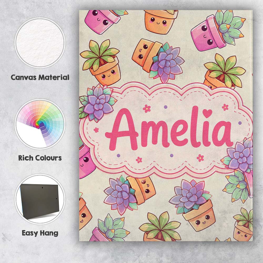 Personalised Name Cute Kawaii Succulent Custom Modern Room Accent Elegant Feature Canvas Wall Art Print Decor Picture Ready to Hang