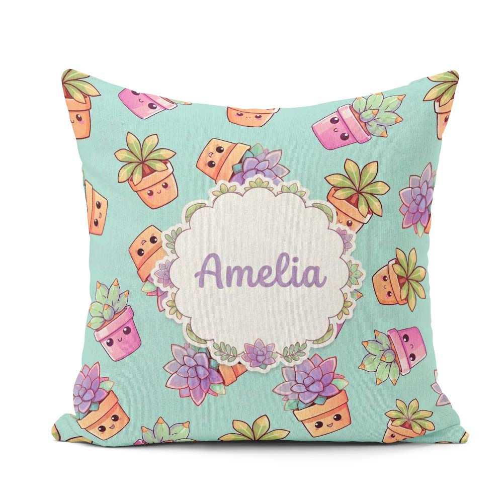 Custom Name Cute Kawaii Plant Pots Soft Mint Background Seamless Square Filled Cushion Throw Pillow Sofa Bed Home Decor Zip Washable UK Made