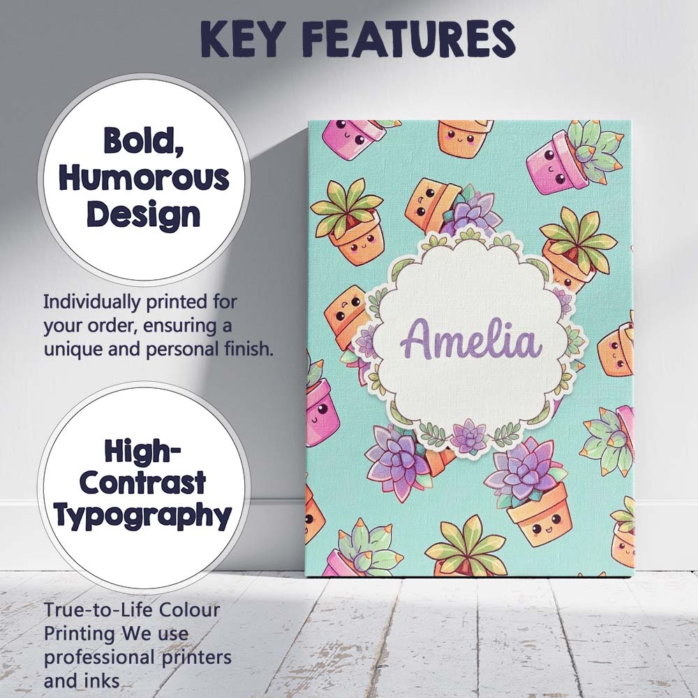 Personalised Name Cute Kawaii Succulent Custom Modern Room Accent Elegant Feature Canvas Wall Art Print Decor Picture Ready to Hang