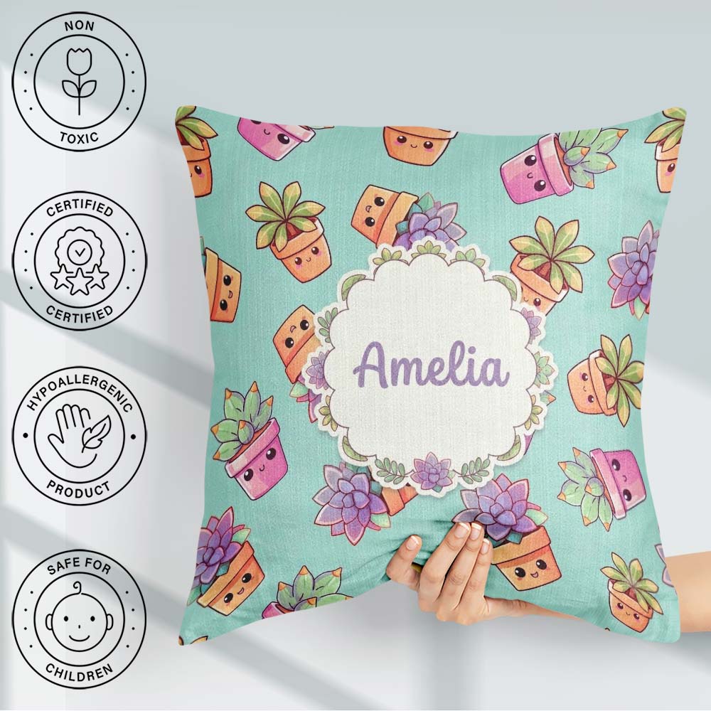 Custom Name Cute Kawaii Plant Pots Soft Mint Background Seamless Square Filled Cushion Throw Pillow Sofa Bed Home Decor Zip Washable UK Made