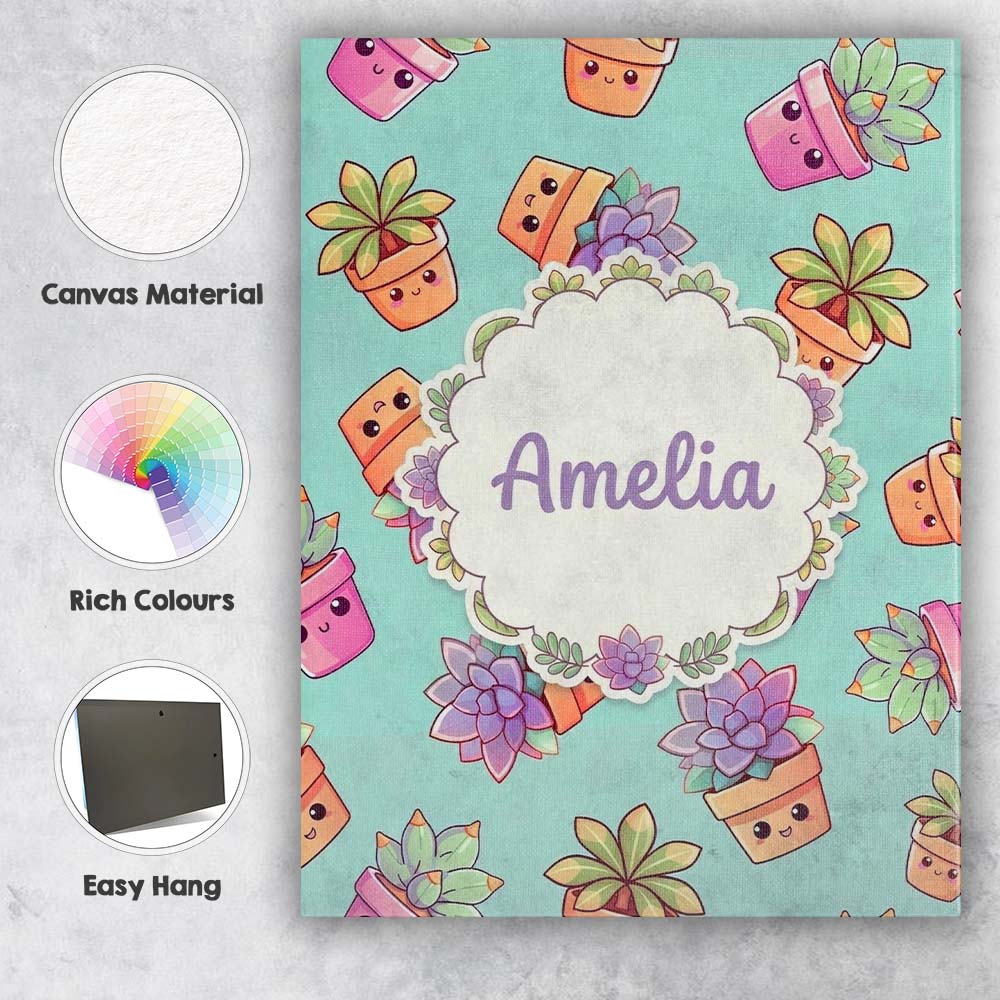 Personalised Name Cute Kawaii Succulent Custom Modern Room Accent Elegant Feature Canvas Wall Art Print Decor Picture Ready to Hang