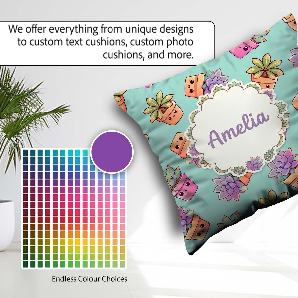 Custom Name Cute Kawaii Plant Pots Soft Mint Background Seamless Square Filled Cushion Throw Pillow Sofa Bed Home Decor Zip Washable UK Made