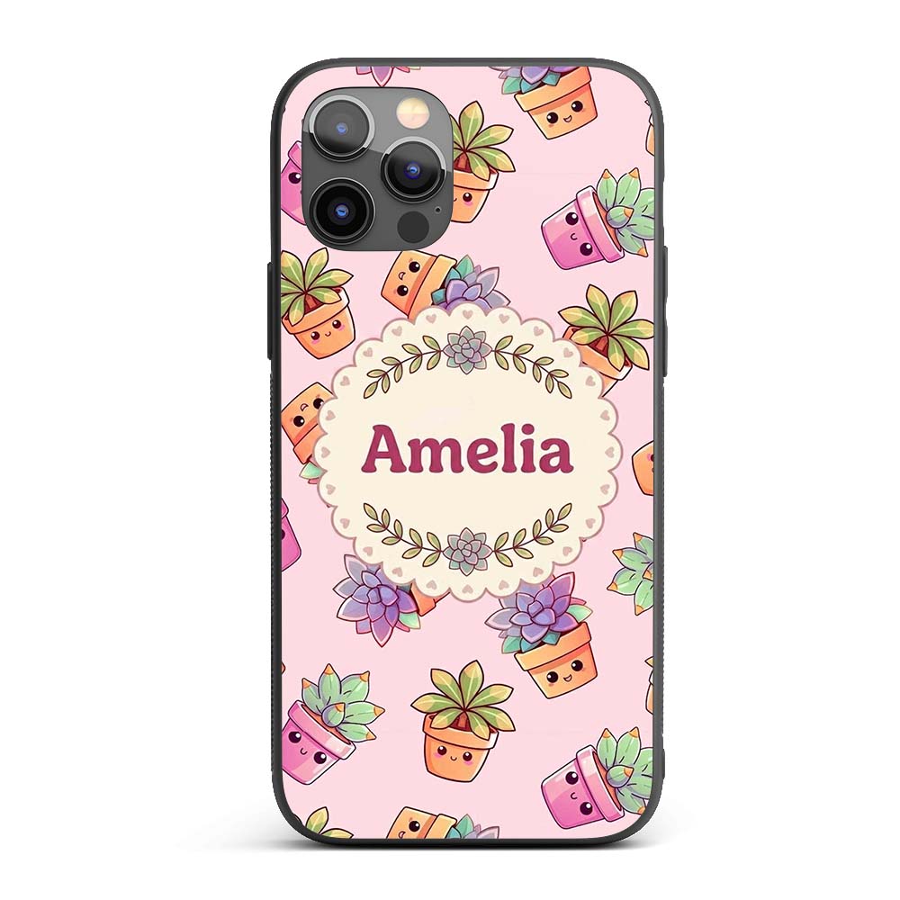 Cute Kawaii Succulent Plant Pots Pastel Pink Custom Name Protective Phone Case Mobile Cover Durable Everyday Smartphone Shock Resistant