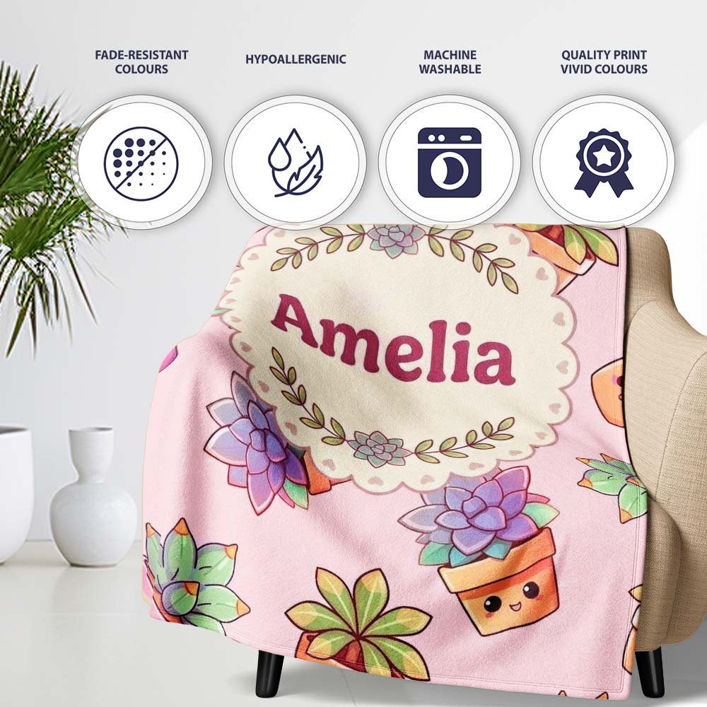 Cute Kawaii Succulent Plant Pots Pastel Pink Background Seamless Personalised Custom Name Super Soft Fleece Blanket Bed Sofa Throw