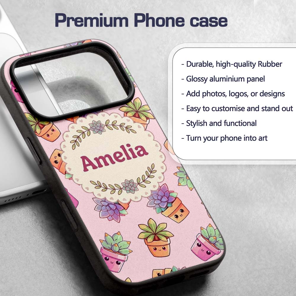Cute Kawaii Succulent Plant Pots Pastel Pink Custom Name Protective Phone Case Mobile Cover Durable Everyday Smartphone Shock Resistant
