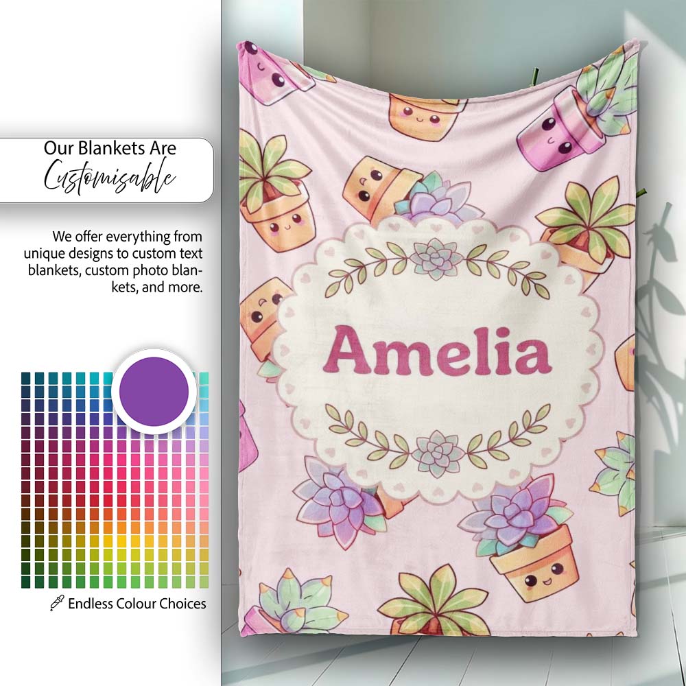 Cute Kawaii Succulent Plant Pots Pastel Pink Background Seamless Personalised Custom Name Super Soft Fleece Blanket Bed Sofa Throw
