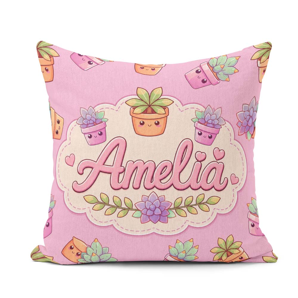 Custom Name Kawaii Plant Pots Purple Background Seamless Pattern Square Filled Cushion Throw Pillow Sofa Bed Home Decor Zip Washable UK Made