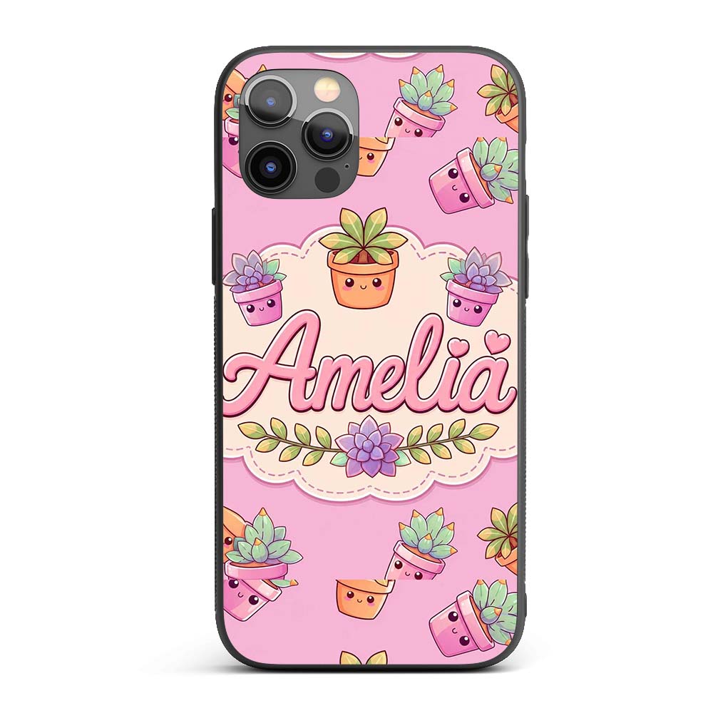 Cute Kawaii Succulent Plant Pots Printed Design Custom Name Protective Phone Case Mobile Cover Durable Everyday Smartphone Shock Resistant