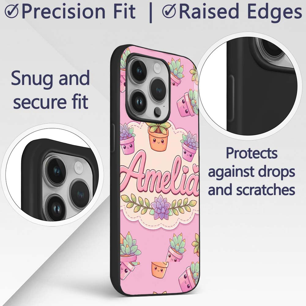 Cute Kawaii Succulent Plant Pots Printed Design Custom Name Protective Phone Case Mobile Cover Durable Everyday Smartphone Shock Resistant