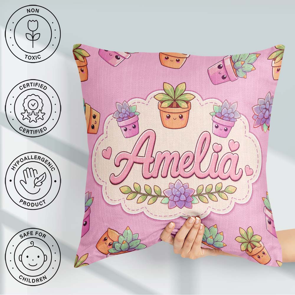 Custom Name Kawaii Plant Pots Purple Background Seamless Pattern Square Filled Cushion Throw Pillow Sofa Bed Home Decor Zip Washable UK Made