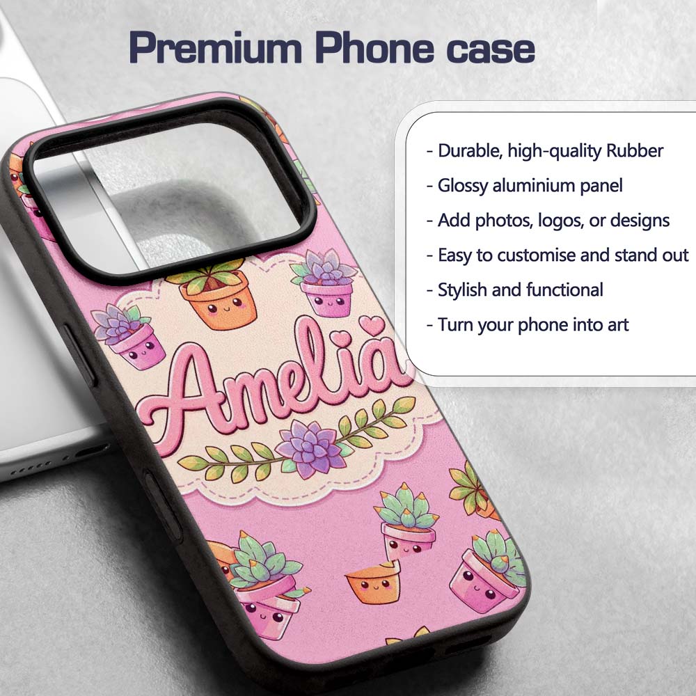 Cute Kawaii Succulent Plant Pots Printed Design Custom Name Protective Phone Case Mobile Cover Durable Everyday Smartphone Shock Resistant