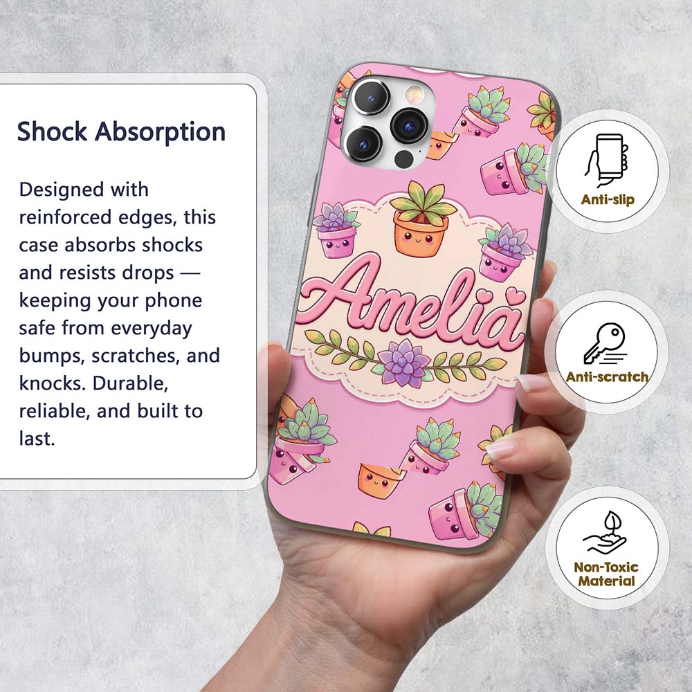 Cute Kawaii Succulent Plant Pots Printed Design Custom Name Protective Phone Case Mobile Cover Durable Everyday Smartphone Shock Resistant