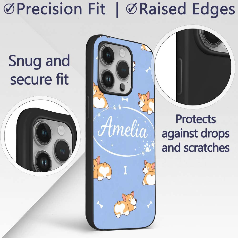 Cute Cartoon Corgi Dogs Bone Blue Background Custom Name Protective Phone Case Mobile Cover Durable Everyday Smartphone Shock Resistant
