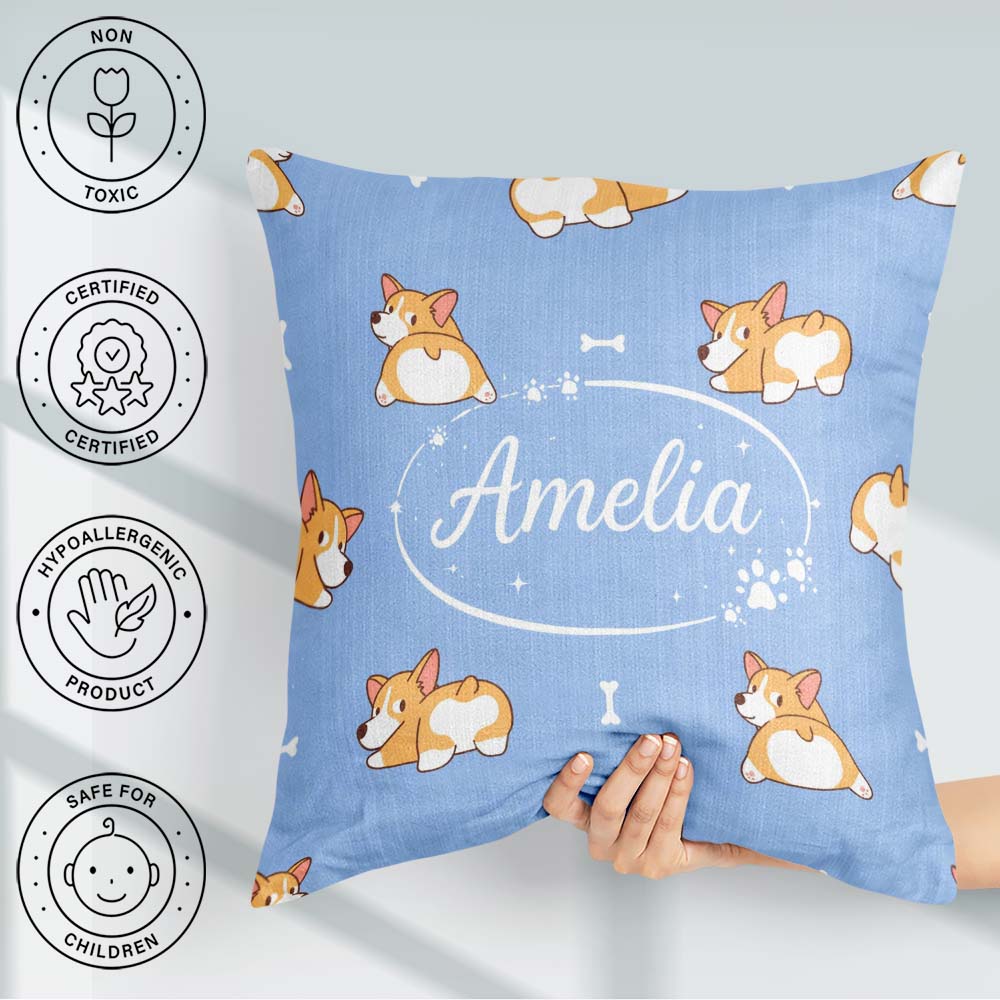 Custom Name Cute Cartoon Corgi Dogs Bone Blue Background Pattern Square Filled Cushion Throw Pillow Sofa Bed Home Decor Zip Washable UK Made