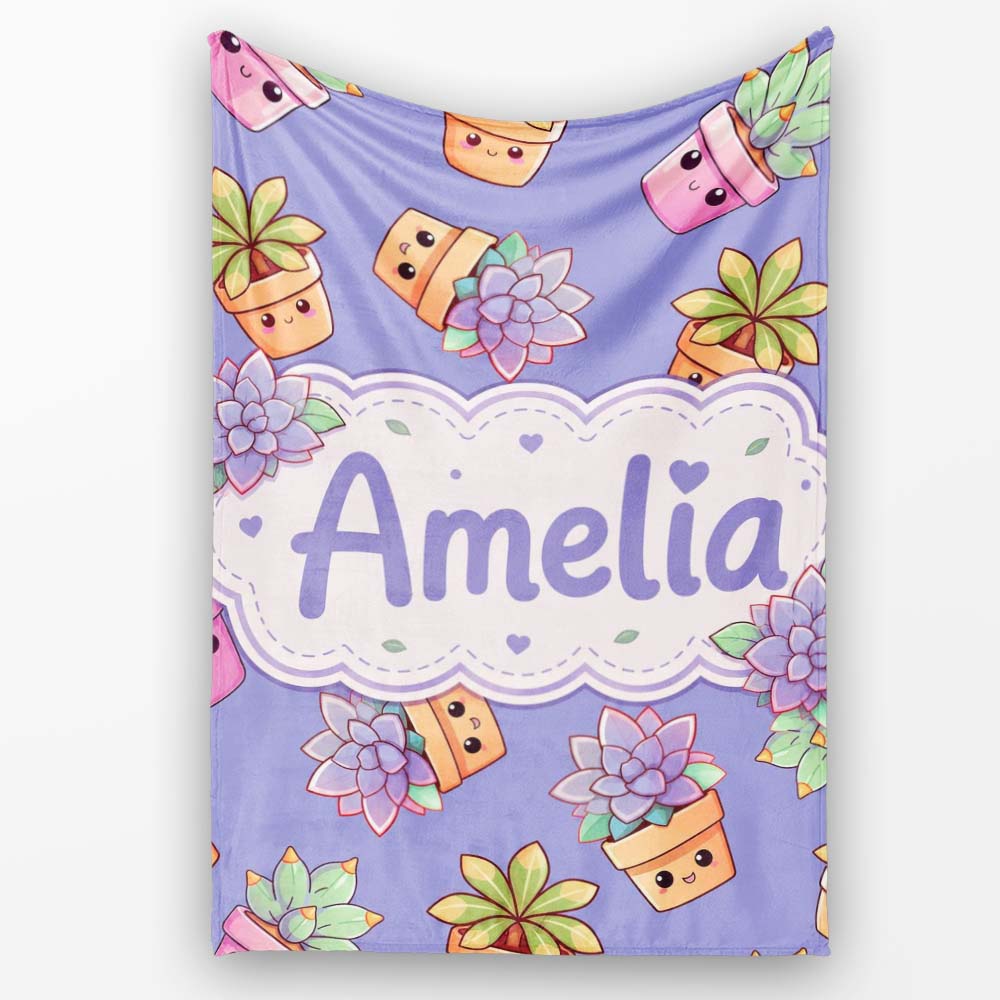 Cute Kawaii Succulent Plant Pots Lavendar Background Seamless Personalised Custom Name Super Soft Fleece Blanket Bed Sofa Throw